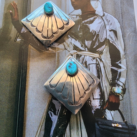 Sterling Silver and Turquoise ( Native Made & Signed) Clip On's - Picture 4 of 7
